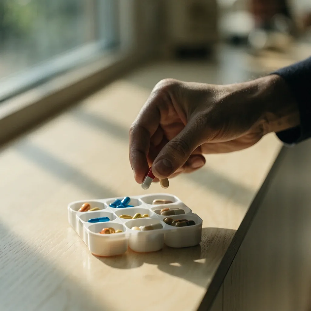 NutriMen's Surabaya workspace: a birch bench and pale floor lit by one tall window, with a compartment tray soft-focus in the foreground
