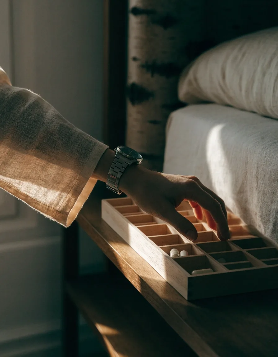 A forearm and wristwatch reaching for a shallow wooden tray holding a capsule on a shelf at first light