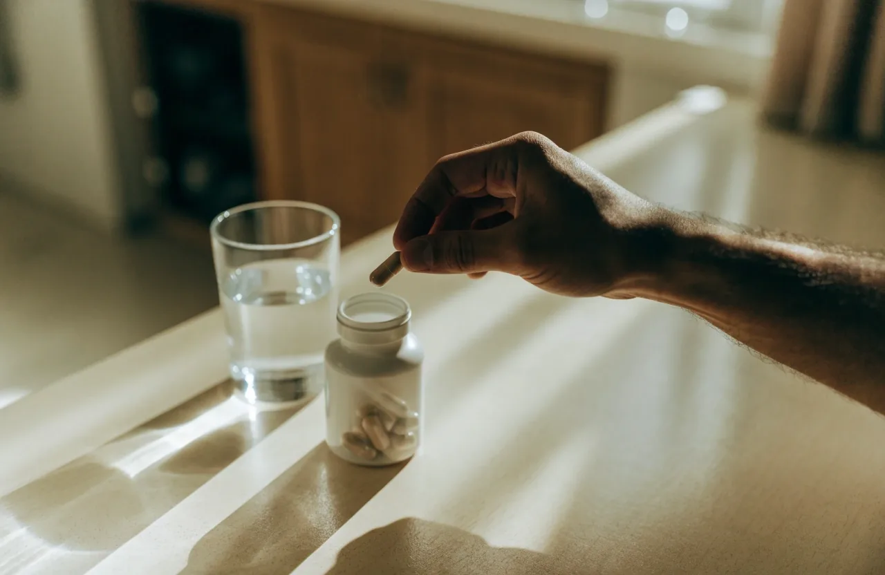 A hand holding a plain capsule bottle beside a glass of water on a pale kitchen counter