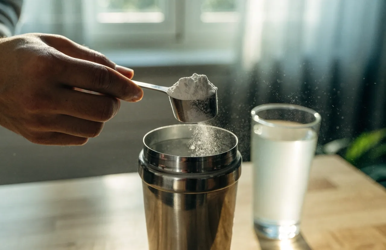 A scoop of white supplement powder in a glass dish beside a shaker lid on a birch bench