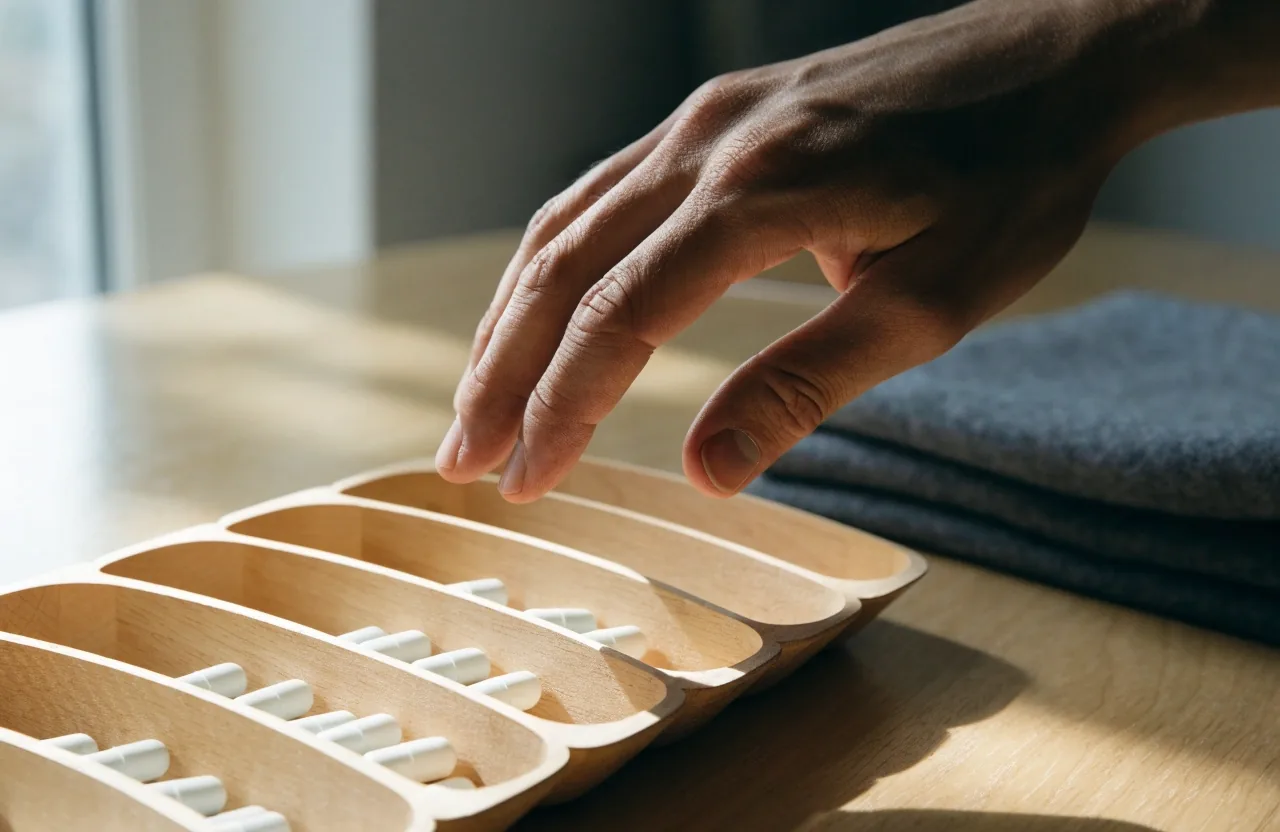 Matte capsules arranged in the compartments of a pale wood tray beside folded wool cloth