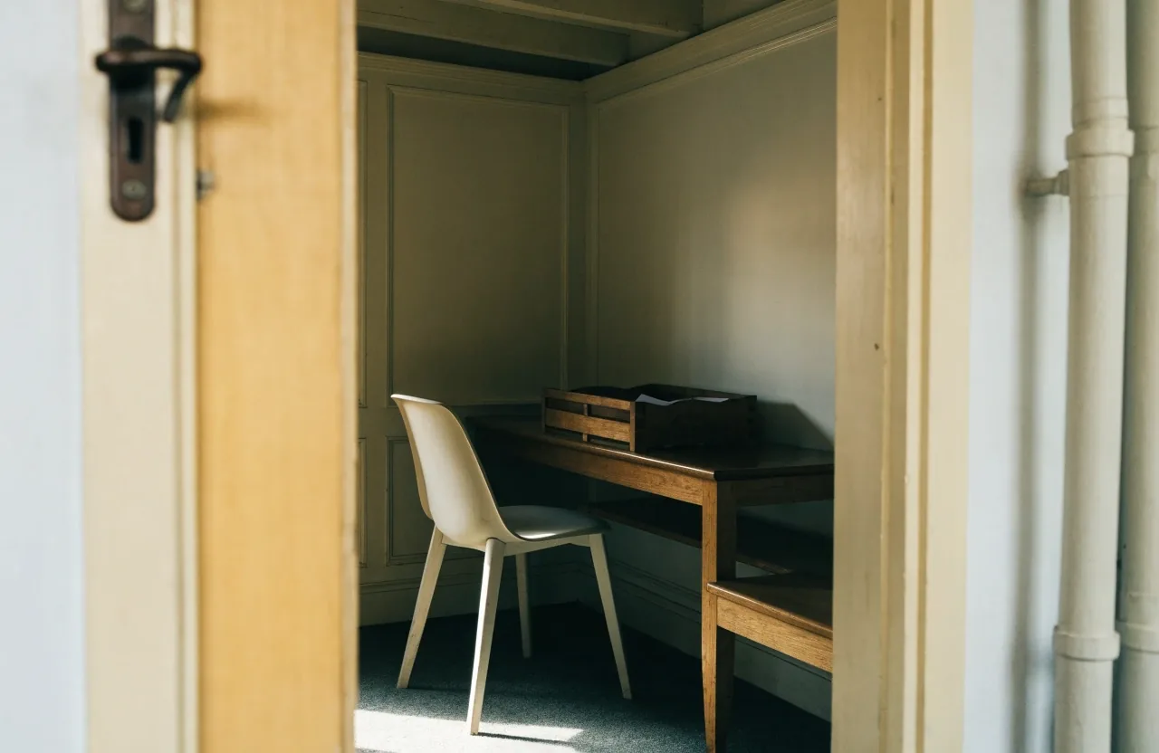 A quiet pale-wood office room seen through a doorway with a bench, a chair and a soft-focus tray