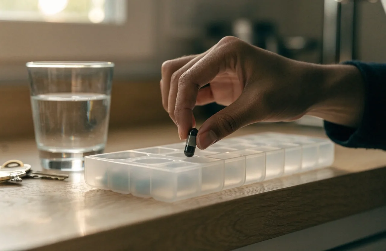 Bedside table at first light with a compartment tray of capsules, a glass of water and a wristwatch