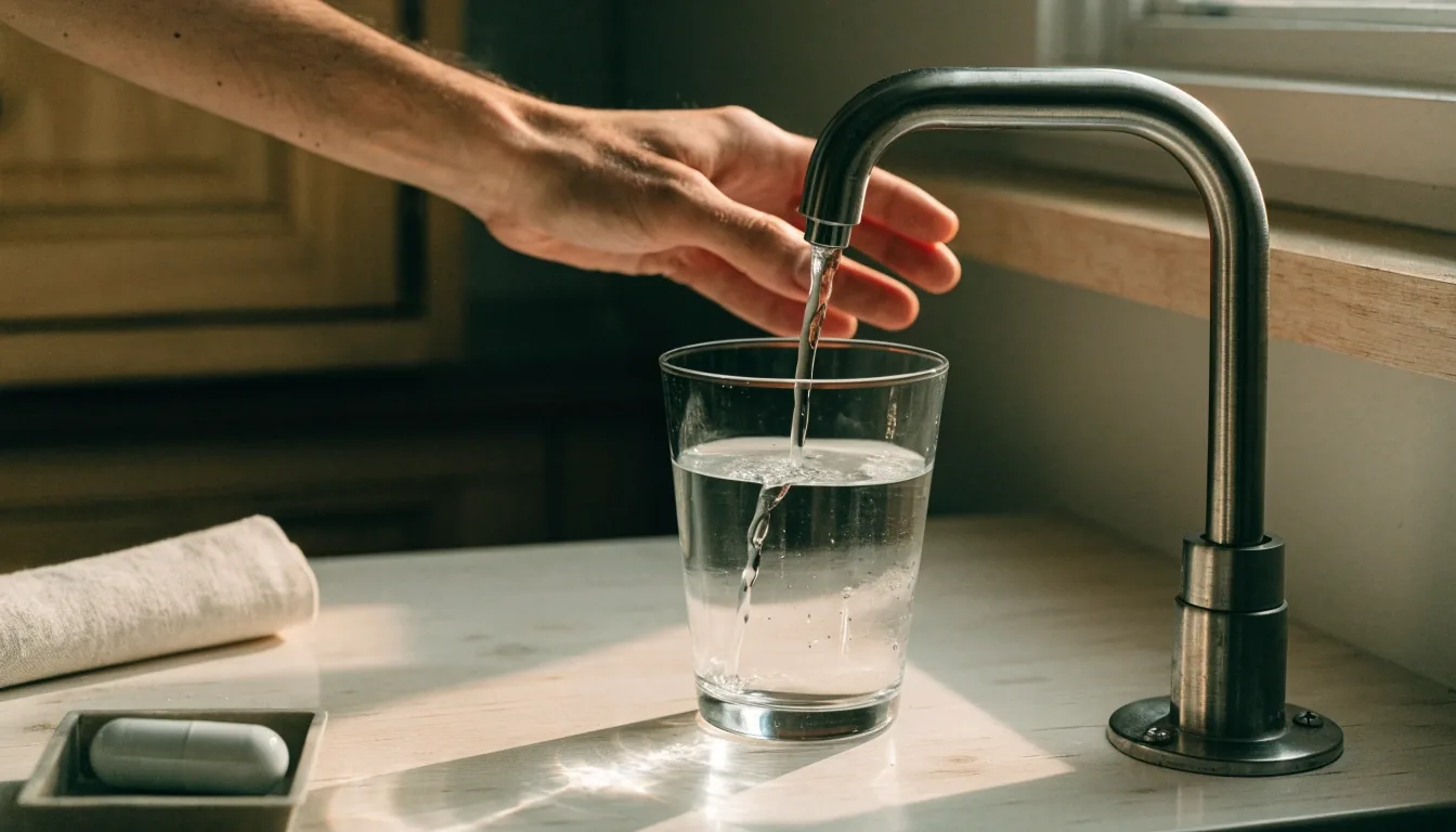 Morning kitchen counter with a glass of water, linen napkin and a compartment tray holding one capsule in window light