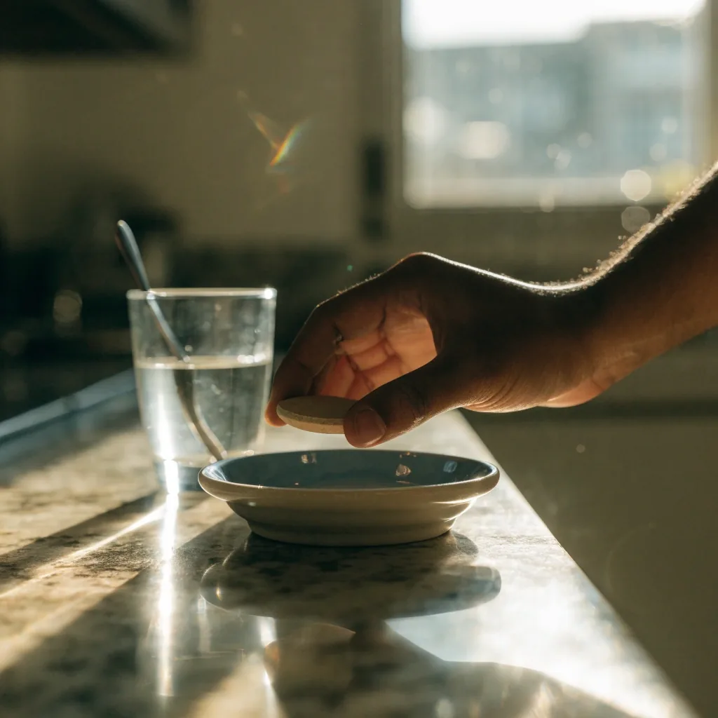 A glass of water and one capsule on a linen cloth by a windowsill