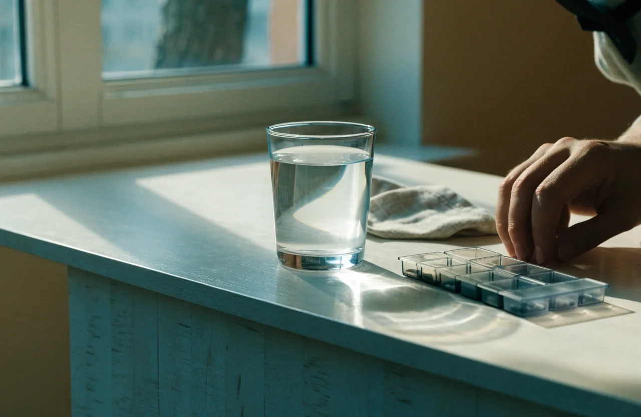 A hand resting a glass of water beside a compartment tray and linen napkin on a birch counter